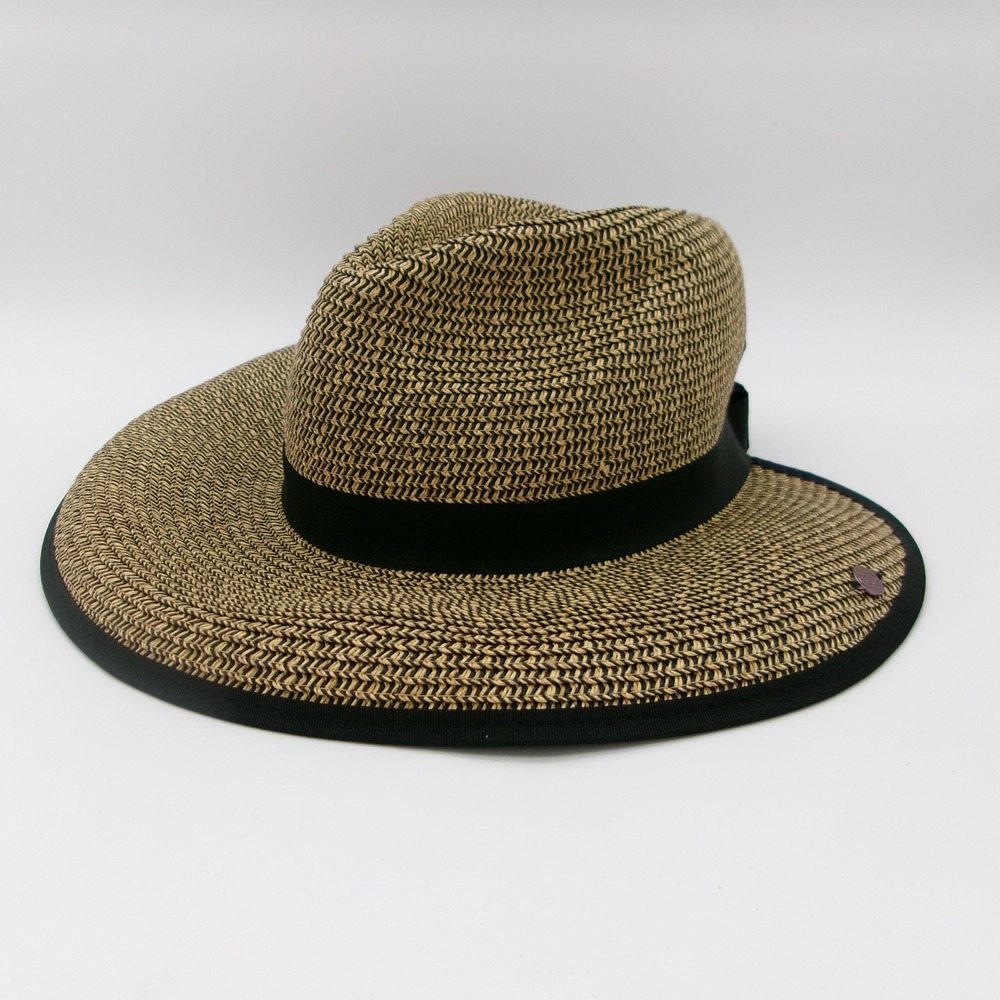 Coolibar UPF 50+ Wide Brim Sun Hat Fedora Tan Black Ribbon Adjustable Ponytail